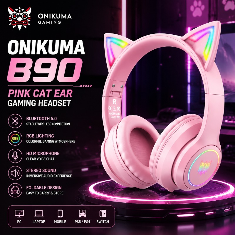Onikuma B90 Pink Cat Ear Gamin - огляд і ціна Gaming Headset With Mic Rgb